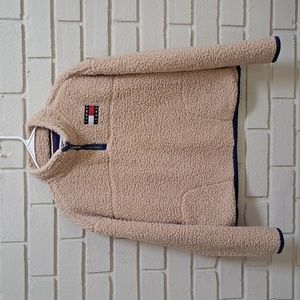 Tommy Jeans Tan Blue Trim Sherba Quarter Zip Pullover.  Size Small